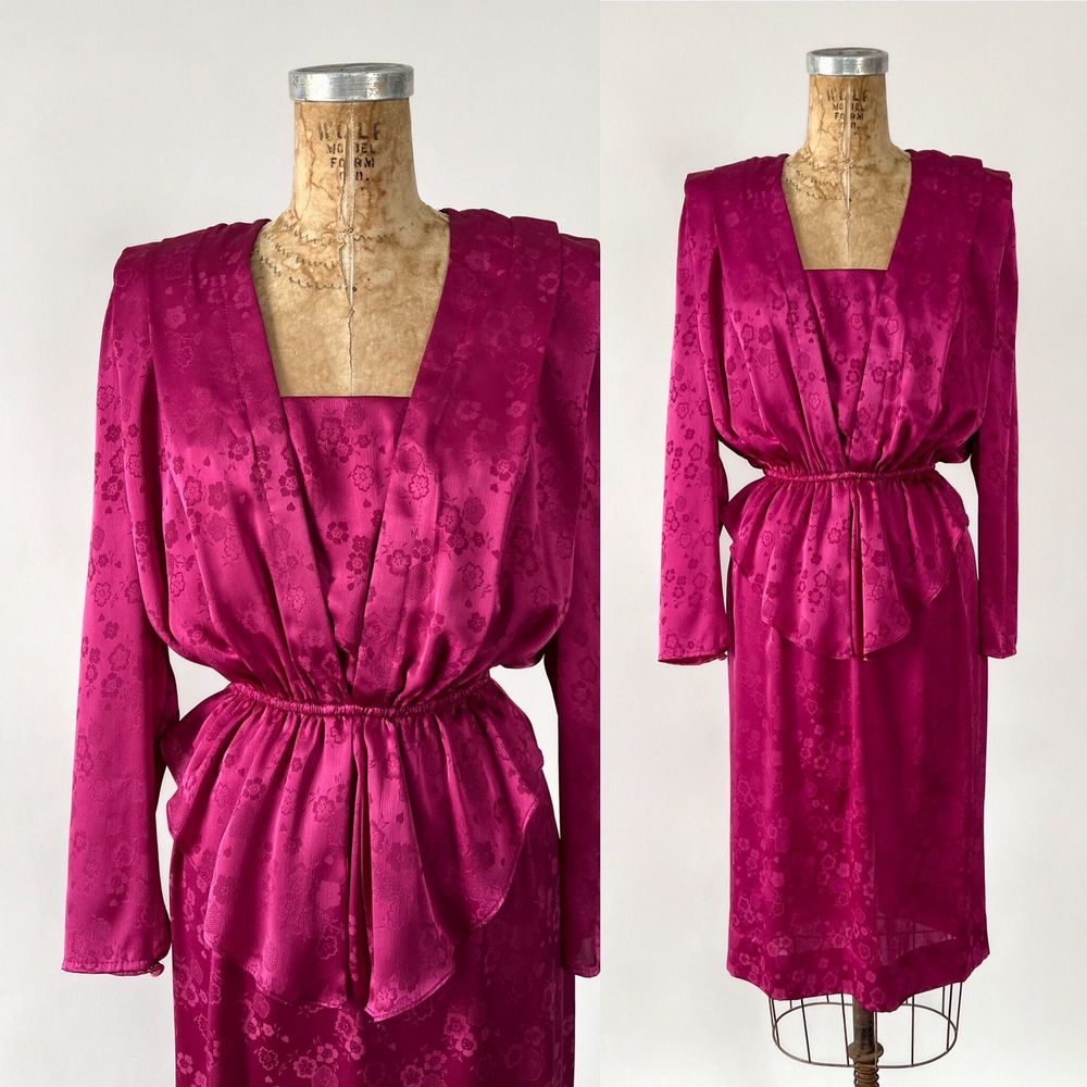 VTG 1980s Magenta Pink Satin Jacquard Blouson Peplum Party Dress 1940s Style XS